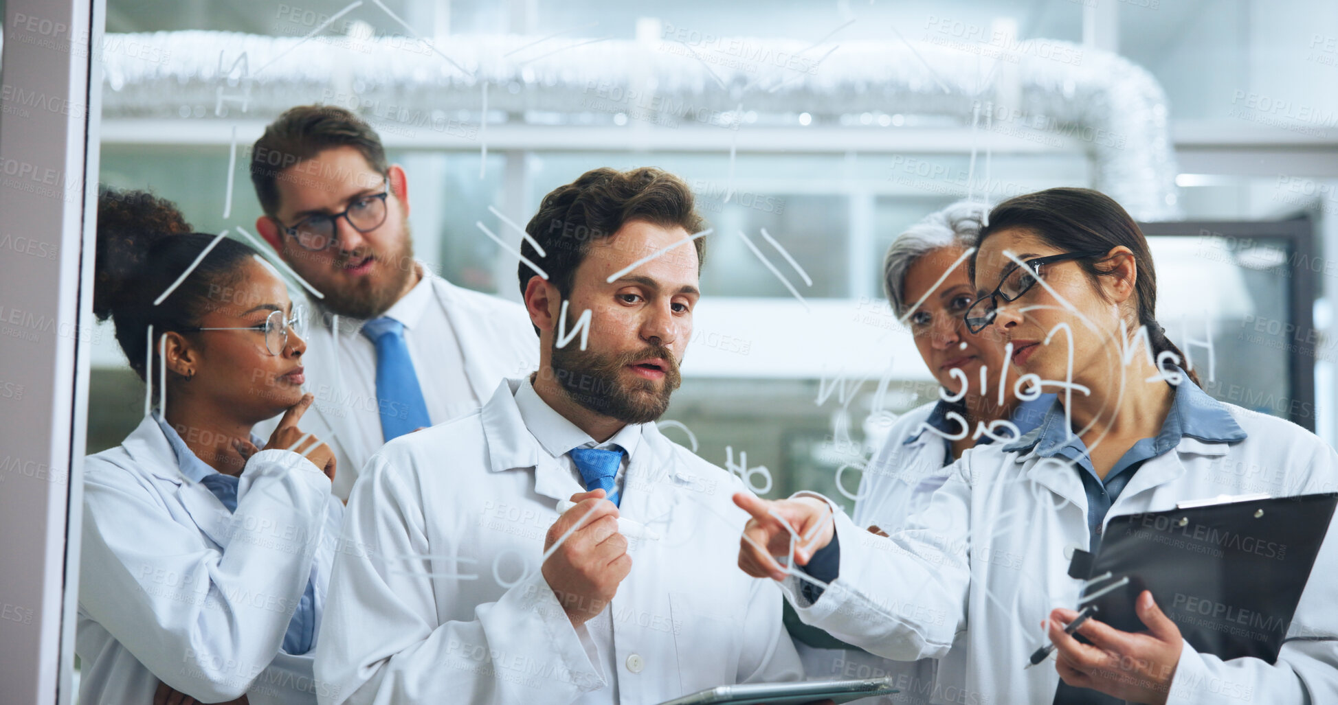 Buy stock photo Glass wall, medical research and people with tablet, science and brainstorming for DNA experiment. Ideas, employees or scientist in lab, biotech and genetics test equation with sample analysis or app