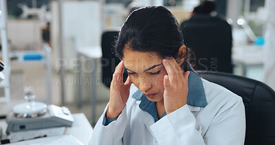 Buy stock photo Tired, scientist or woman in lab with headache from experiment fumes, chemical reaction or workload. Exhausted, person and migraine in workplace from medical research, science investigation or issue.