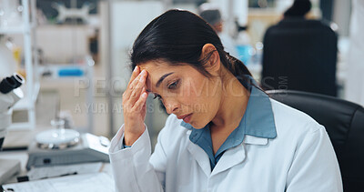 Buy stock photo Tired, scientist or woman in lab with migraine from experiment fumes, chemical reaction or workload. Exhausted, person and headache in workplace from medical research, science investigation or issue.