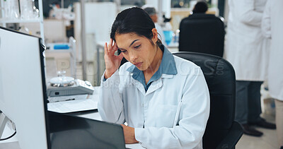 Buy stock photo Scientist, woman and headache in lab with laptop for research, problem solving and workload fatigue. Thinking, exhausted person and migraine with computer, medical solution and science frustration.