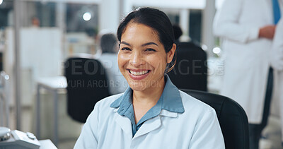 Buy stock photo Portrait, woman and scientist with smile in lab for career pride, about us and medical experiment. Happy, person and research for healthcare study, pharmaceutical innovation and vaccine development