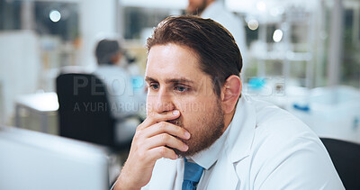 Buy stock photo Man, scientist and thinking with computer in lab for new discovery, study or research at night. Thoughtful, male person or working late with technology for scientific analysis or medical breakthrough