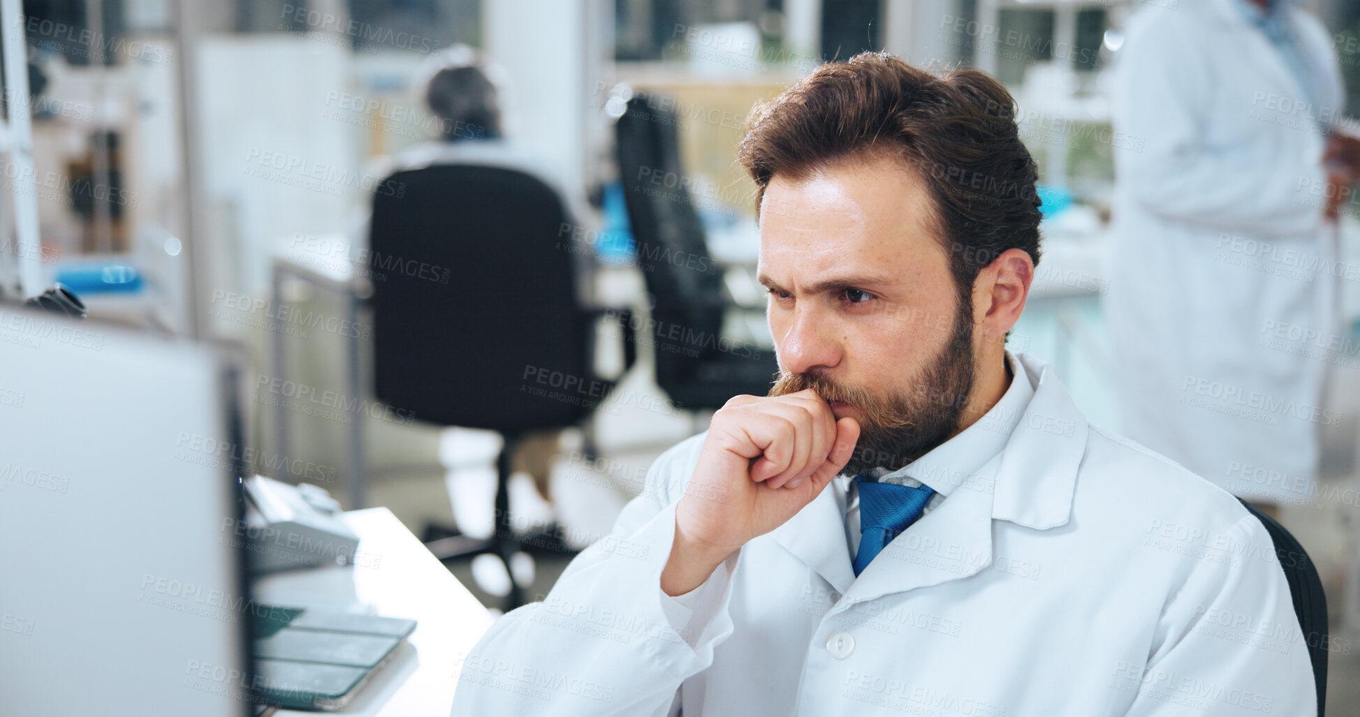 Buy stock photo Thinking, man and scientist in laboratory with computer for research with medical study or discovery. Tech, problem solving and biologist with science project for healthcare innovation with analysis.