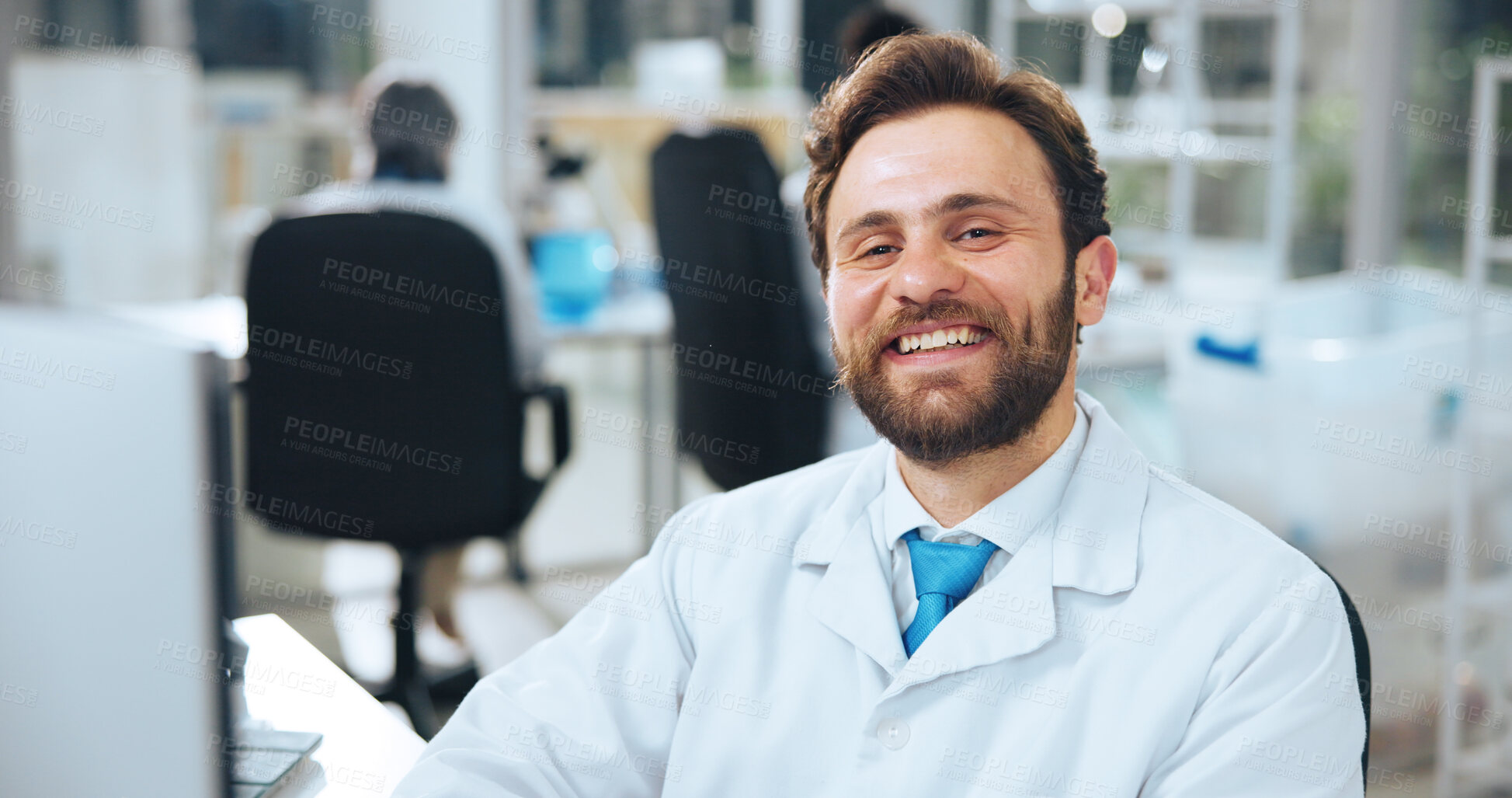 Buy stock photo Portrait, man and scientist with computer in lab for career pride, about us and medical research. Happy, male person or ambition of healthcare study, pharmaceutical innovation and vaccine development