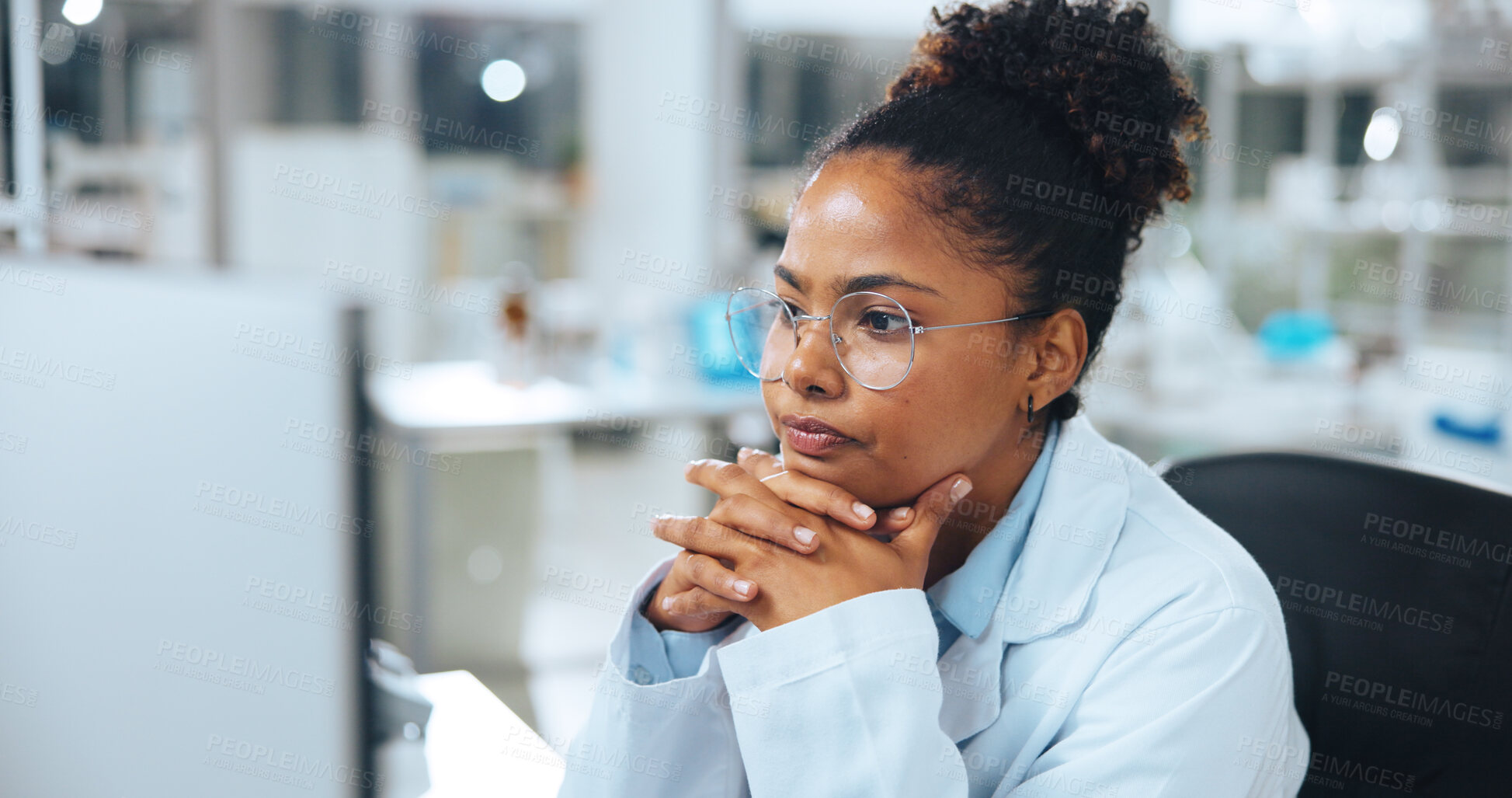 Buy stock photo Ideas, woman and scientist in laboratory with research for medical study, discovery or solution. Thinking, problem solving and biologist with science project for healthcare innovation with analysis.