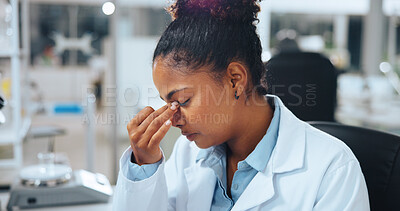 Buy stock photo Headache, scientist and woman with stress in lab for research, problem solving or workload fatigue. Tired, female person and migraine with burnout from medical solution, science innovation and issue.