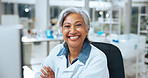 Portrait, woman and scientist with arms crossed in lab for career pride, about us and medical research. Happy, mature person and ambition for healthcare study, pharmaceutical and vaccine development