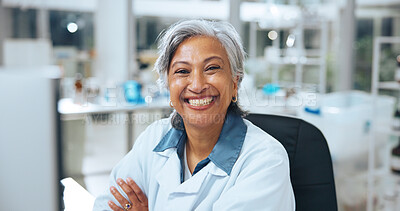 Buy stock photo Portrait, woman and scientist with arms crossed in lab for career pride, about us and medical research. Happy, mature person and ambition for healthcare study, pharmaceutical and vaccine development
