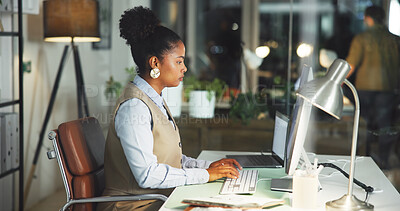 Buy stock photo Business woman, typing and computer in office with journalist, ideas and deadline for story. Creative, reporter and person with tech for article, planning and overtime with inspiration at night