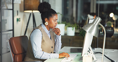 Buy stock photo Media agency, night and woman with computer, thinking and email for submission. Evening, person and journalist in workplace, pc and planning with ideas, publication schedule and research for article