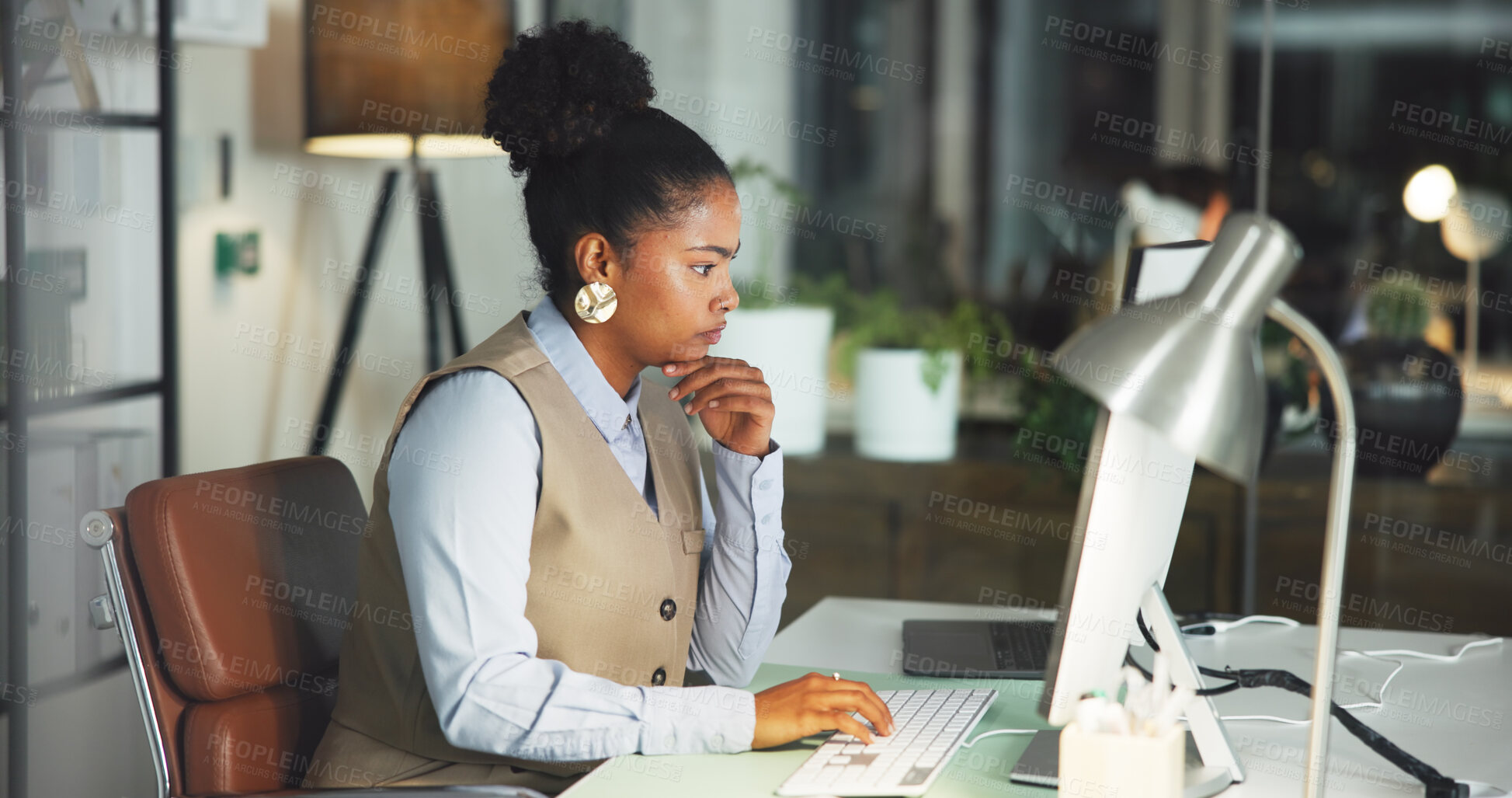 Buy stock photo Media agency, night and woman with computer, thinking and email for submission. Evening, person and journalist in workplace, pc and planning with ideas, publication schedule and research for article