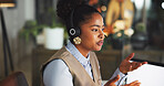 Contact us, woman and consultant speaking in call center for help desk, support or feedback at night. Customer service, agent and talking in office for virtual assistance, crm or advice on overtime