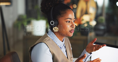 Buy stock photo Contact us, woman and consultant speaking in call center for help desk, support or feedback at night. Customer service, agent and talking in office for virtual assistance, crm or advice on overtime