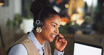 Buy stock photo Contact us, woman and agent talk in call center for help desk, support or feedback at night. Customer service, happy person and consultant with mic for virtual assistance, advice and crm on overtime