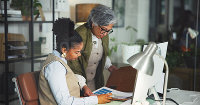 Buy stock photo Business, women and document with computer at night for accounting, data analysis and finance report. People, mature manager and paperwork on financial stats, profit growth and working late for audit