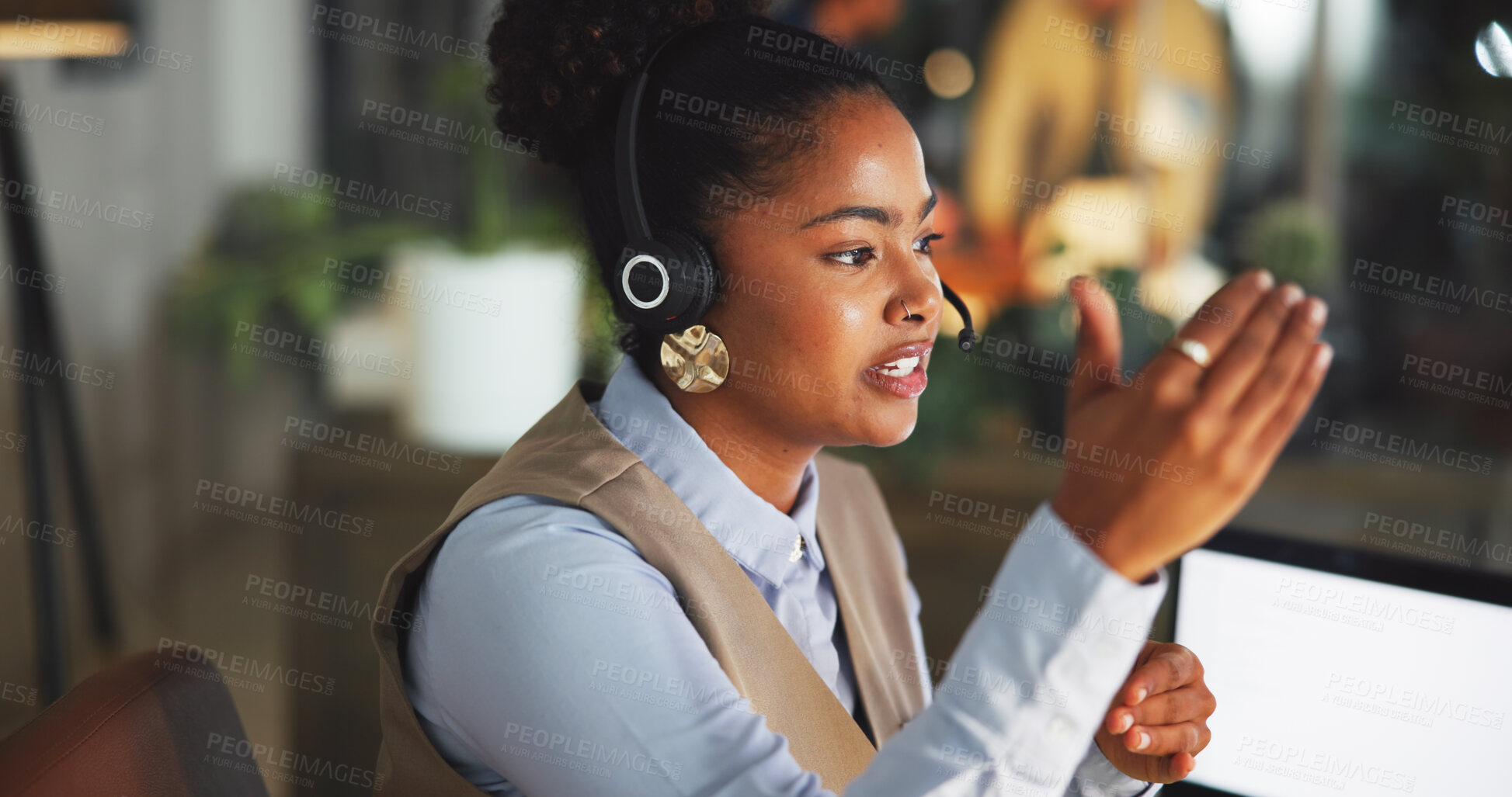 Buy stock photo Contact us, woman and agent speaking in call center for help desk, support or feedback at night. Customer service, person or talk in office for virtual assistance, explain solution or crm on overtime