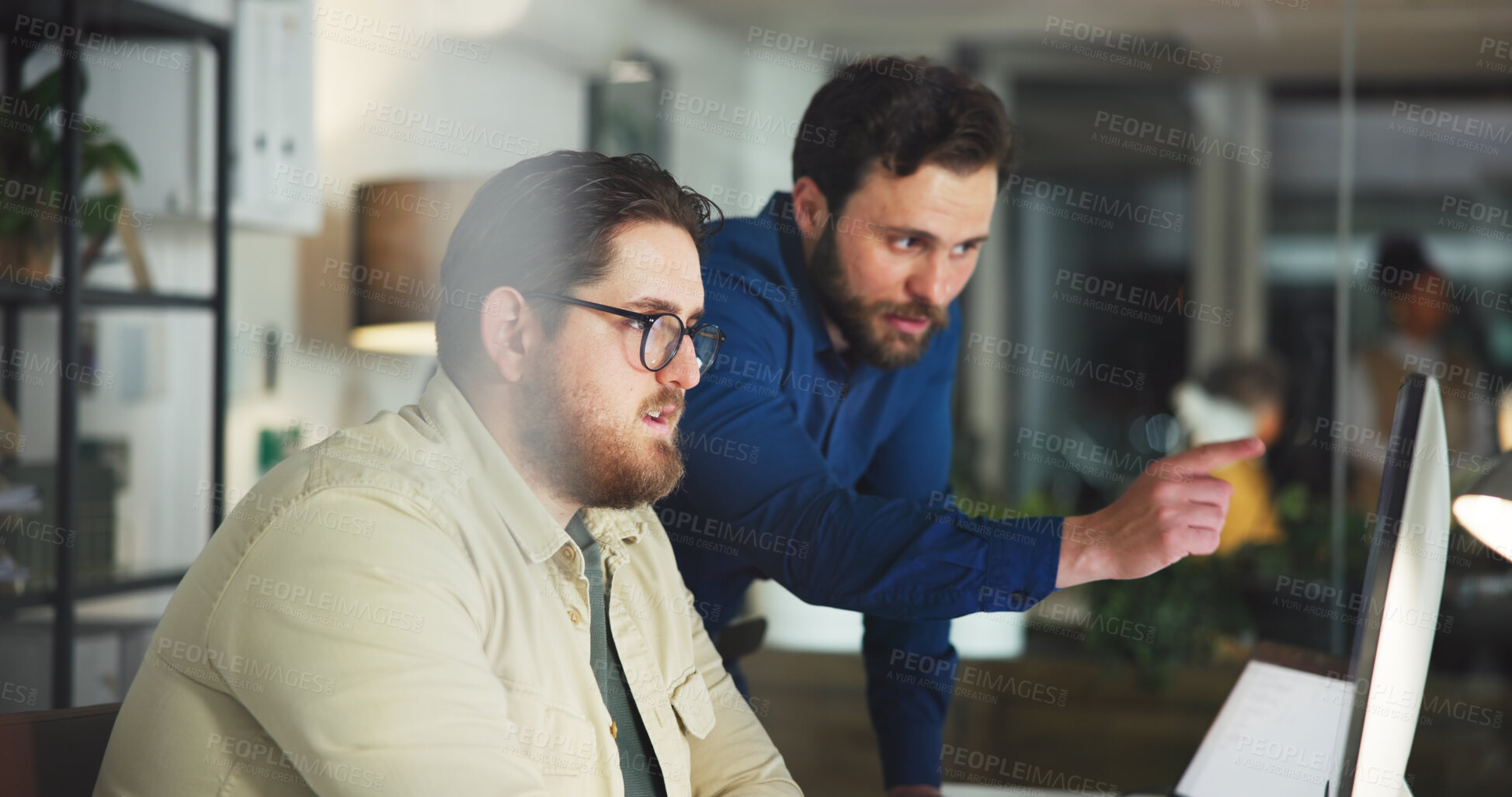 Buy stock photo Computer, coaching and team with business people in office for marketing campaign, night and news report. Online branding, partner and research with employees in media agency for article deadline