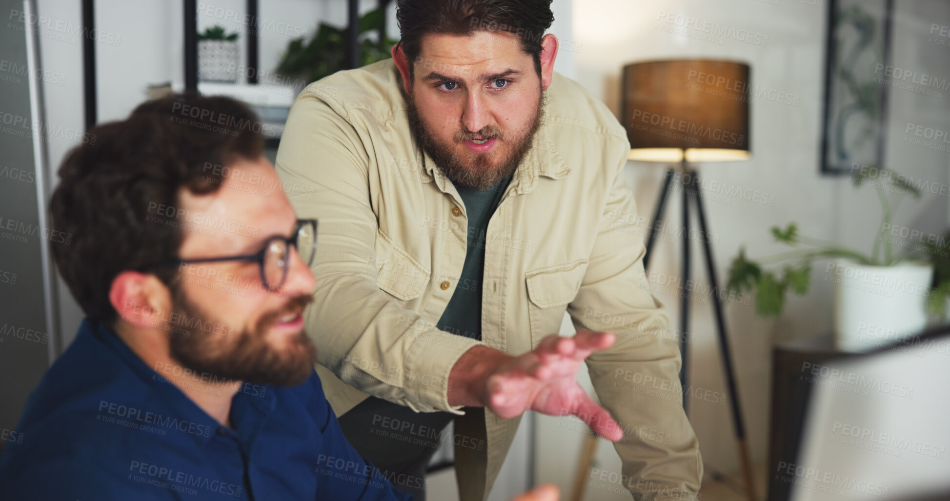 Buy stock photo Computer, discussion and team with business people in office for marketing campaign, night and news report. Online branding, partner and research with employees in media agency for article deadline