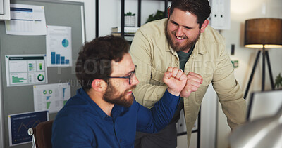 Buy stock photo Computer, fist bump and team with business people in office for marketing success, night and viral news report. Online branding, winner and research with employees in media agency for deadline target