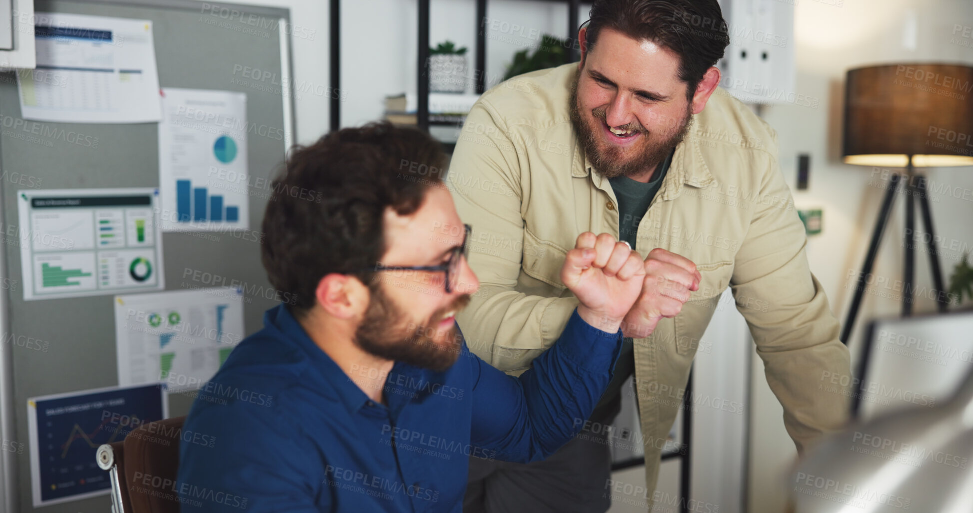 Buy stock photo Computer, fist bump and team with business people in office for marketing success, night and viral news report. Online branding, winner and research with employees in media agency for deadline target
