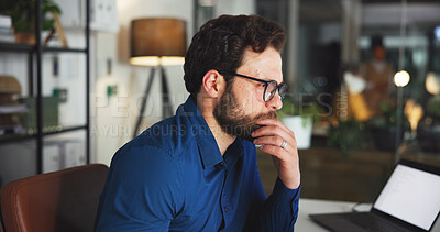 Buy stock photo Online, thinking and reading with business man in office for marketing campaign, night and news vision. Digital branding, reflection and research with employee in media agency for article deadline