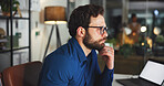 Online, thinking and glasses with business man in office for marketing campaign, night and news vision. Digital branding, reflection and bokeh with employee in media agency for article deadline