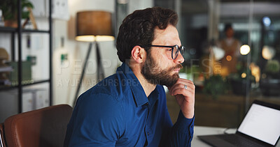 Buy stock photo Online, thinking and glasses with business man in office for marketing campaign, night and news vision. Digital branding, reflection and bokeh with employee in media agency for article deadline