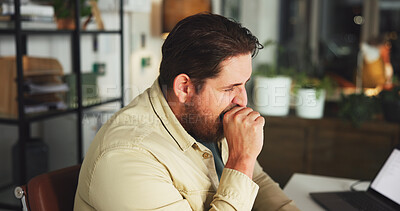 Buy stock photo Online, tired and yawning with business man in office for marketing campaign, night and fatigue. Digital branding, exhausted and research with employee in media agency for article deadline and bored