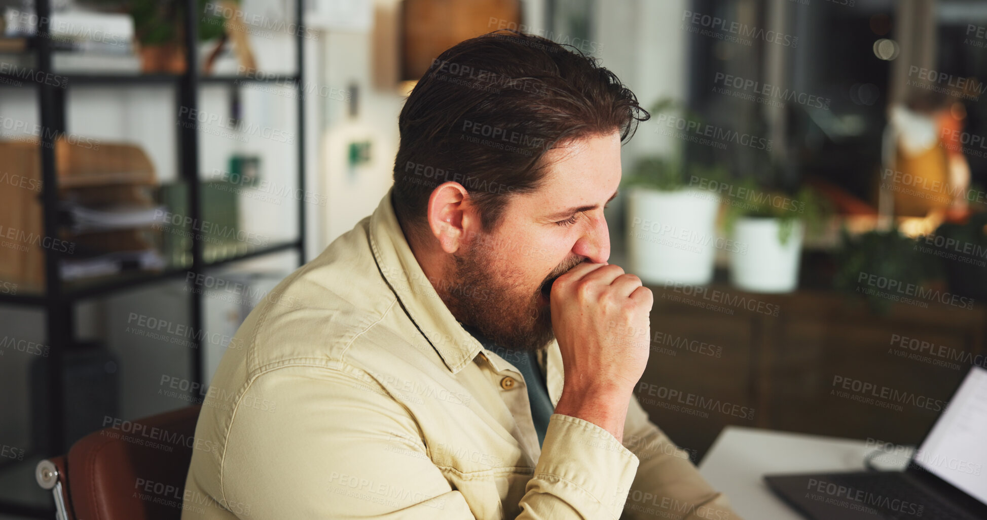 Buy stock photo Online, tired and yawning with business man in office for marketing campaign, night and fatigue. Digital branding, exhausted and research with employee in media agency for article deadline and bored