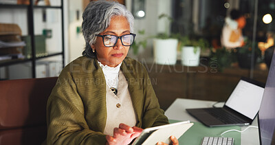 Buy stock photo Tablet, typing and reading with business woman in office for marketing campaign, night and news vision. Digital branding, online and research with mature employee in media agency for article deadline