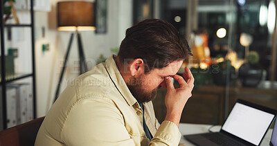 Buy stock photo Stress, headache and businessman with laptop in office at night with finance report with deadline. Computer, mockup pace and male financial manager with migraine for burnout with investment proposal.