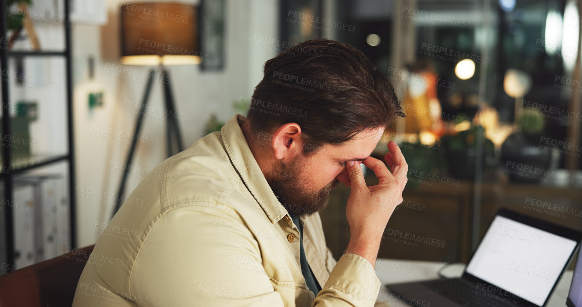 Buy stock photo Stress, headache and businessman with laptop in office at night with finance report with deadline. Computer, mockup pace and male financial manager with migraine for burnout with investment proposal.