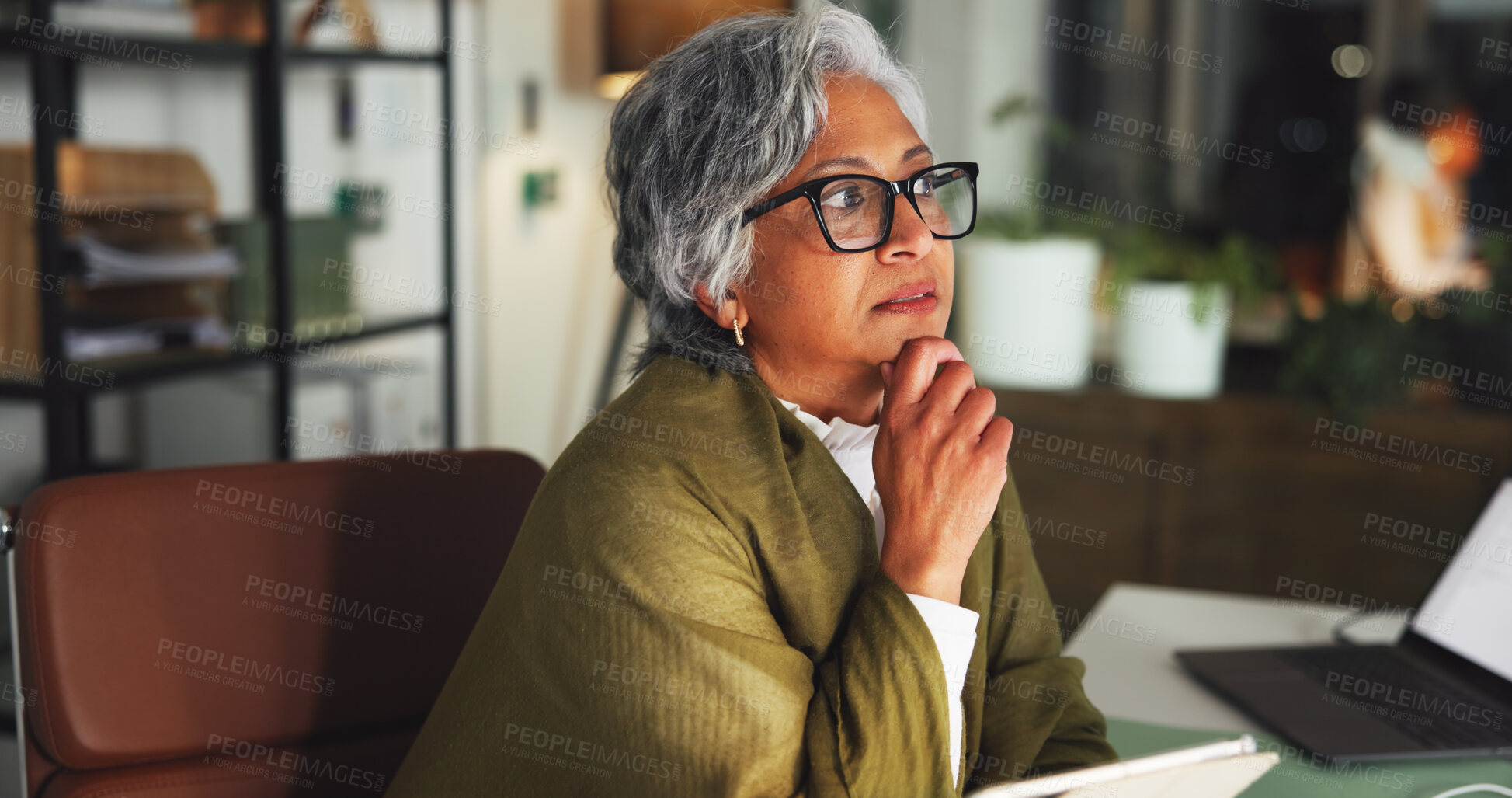 Buy stock photo Tablet, thinking and reading with business woman in office for marketing campaign, night and news vision. Digital branding, reflection and research with mature employee in agency for article deadline