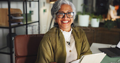 Buy stock photo Portrait, business and woman with tablet at night for career pride, about us and editing article. Mature person, digital and smile for proofreading, review story and working late for news publication