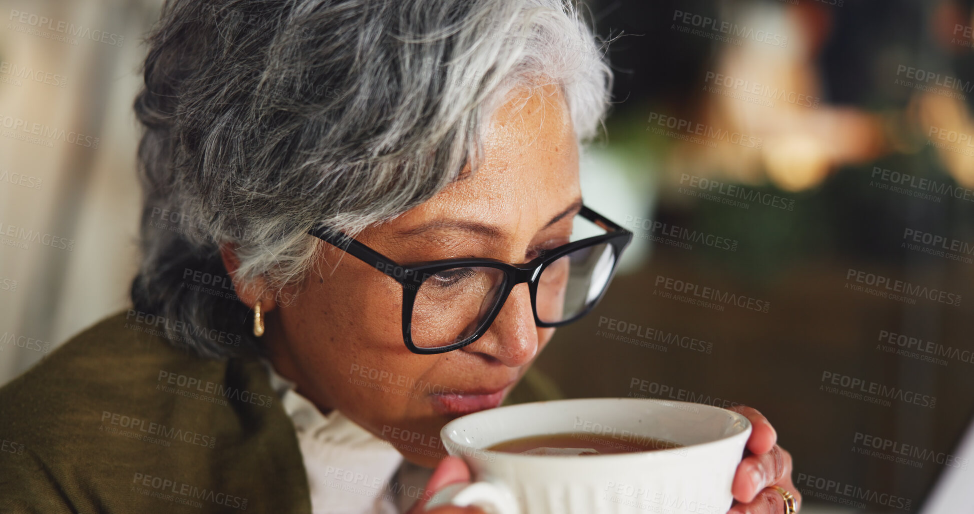 Buy stock photo Tea, drinking and businesswoman in office in morning with calm, relax or glasses in creative project. Thinking, career and mature female magazine editor with mug for warm beverage in workplace