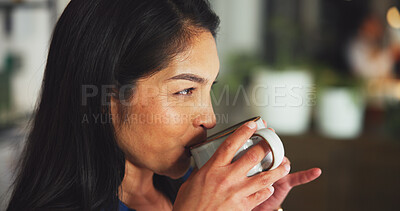 Buy stock photo Coffee, happy and businesswoman with drink in office in morning for calm, relax or career at company. Corporate, cappuccino and female person with mug for warm beverage with peace in workplace.