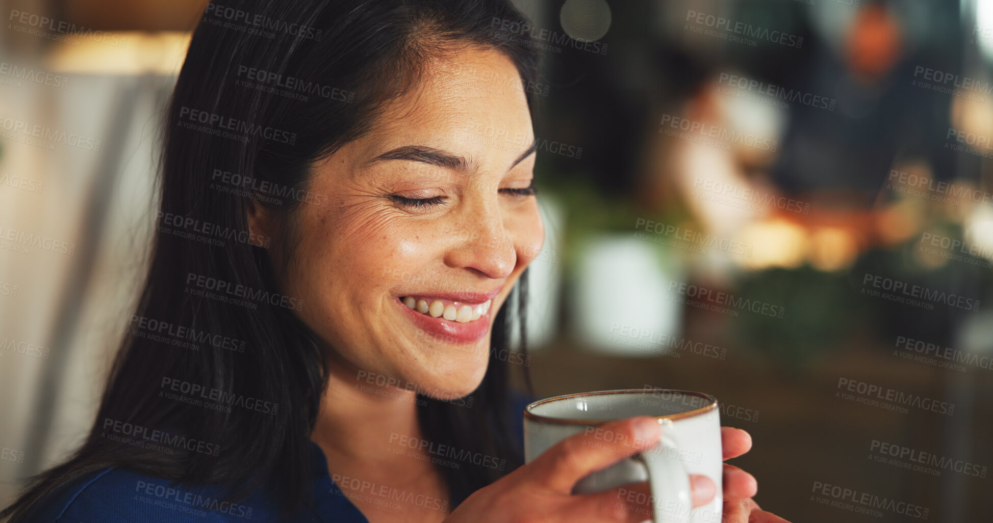 Buy stock photo Coffee, smile and businesswoman in office at night for calm, relax or energy at company. Drinking, cappuccino and professional female person with mug for warm beverage with peace in workplace.