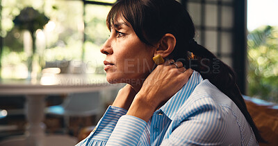 Buy stock photo Woman, thinking and nostalgia on couch with memories, contemplation or daydreaming about past. Thoughtful, mature person or reflection on sofa for peaceful moment, relax or chill in home living room.