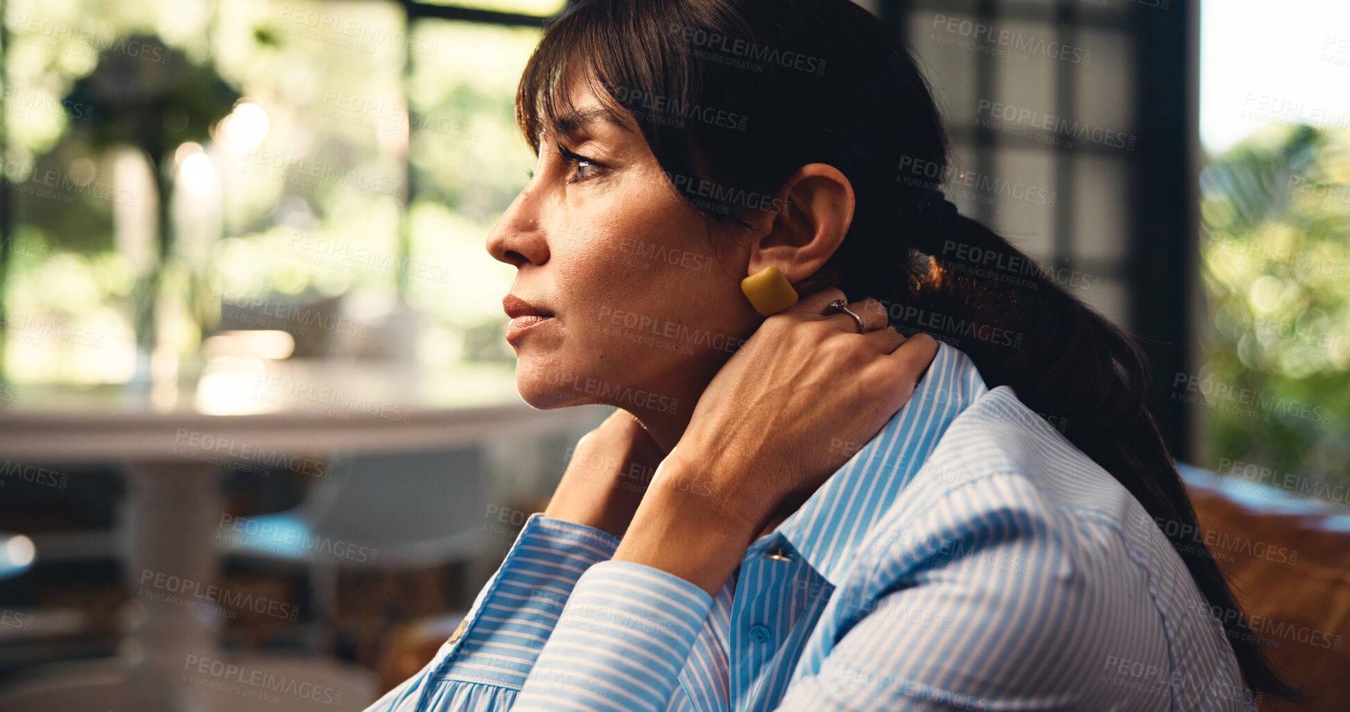 Buy stock photo Woman, thinking and nostalgia on couch with memories, contemplation or daydreaming about past. Thoughtful, mature person or reflection on sofa for peaceful moment, relax or chill in home living room.
