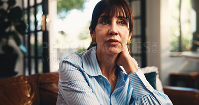 Buy stock photo Relax, thinking and woman on sofa with memory, nostalgia and daydreaming in home. House, morning and mature person in living room with reflection, planning day and thoughtful on weekend break