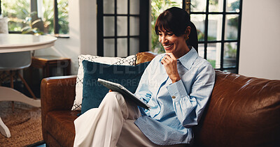 Buy stock photo Tablet, thinking and woman in home for remote work, article idea or inspiration for newsletter. Technology, mature copywriter and happy freelancer in living room for planning story and reading email