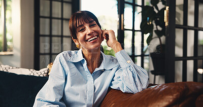 Buy stock photo Happy, woman and relax in portrait on sofa for weekend break, unwind and peaceful morning. Smile, mature person and comfortable in living room for day off, holiday me time and confidence in home
