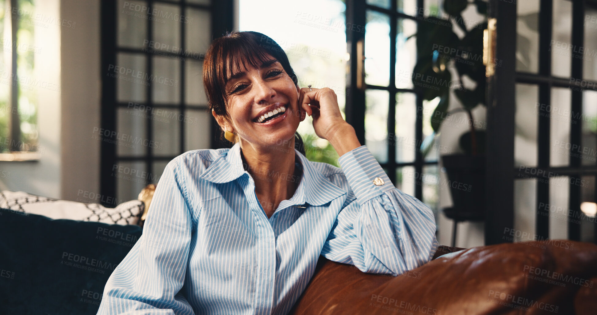 Buy stock photo Happy, woman and relax in portrait on sofa for weekend break, unwind and peaceful morning. Smile, mature person and comfortable in living room for day off, holiday me time and confidence in home