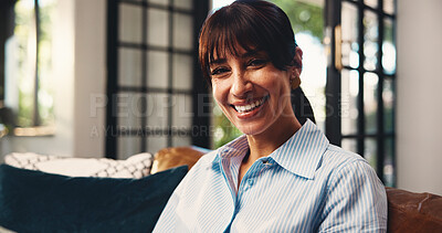 Buy stock photo Home, portrait and happy woman on sofa, relax and comfortable in living room. Apartment, smile and mature person on couch, calm and resting with break, funny and laughing with confidence and pride