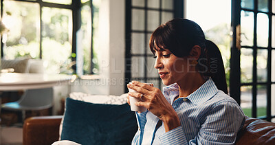 Buy stock photo Woman, smell coffee or thinking on couch with memories, contemplation or daydreaming about past. Mature person, reflection or beverage on sofa for peaceful moment, relax or chill in home living room.