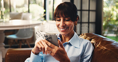 Buy stock photo Scroll, smile or woman on couch with phone, online reading and message on social media. Happiness, chat and mature person in house with tech, e book subscription and email update on digital app.