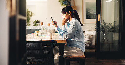 Buy stock photo Remote work, phone and woman with message for schedule, networking and news source with website. Freelancer, journalist and planning in home for article questions, information and communication