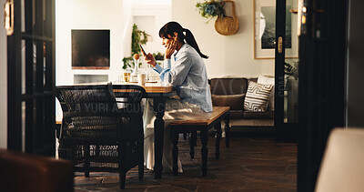 Buy stock photo Woman, relax and reading with phone at house for research, social media and download ebook. Mature person, coffee and mobile app for browsing internet, morning news and online novel for entertainment