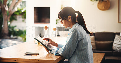 Buy stock photo Tablet, reading and woman in home office for remote work, article research or editing newsletter. Technology, mature copywriter and freelancer in house for planning story, blog review and email