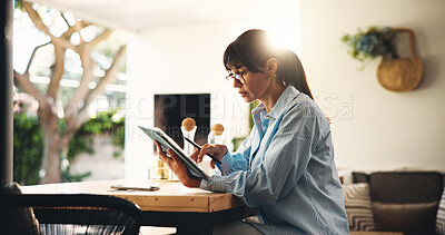 Buy stock photo Tablet, research and woman in home office as freelancer, reading or review ebook. Technology, remote work and mature author in house for planning story, editing manuscript and publication with flare